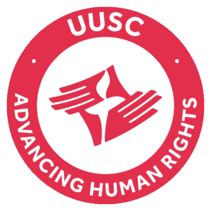 A logo for the UUSC. It includes a set of red hands, framing a flaming chalice, in the middle of a red circle which says "UUSC. Advancing Human Rights."