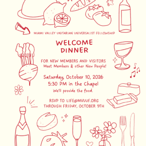 A flier for the welcome dinner. It contains line doodles of food items, and all the information contained in the announcement.