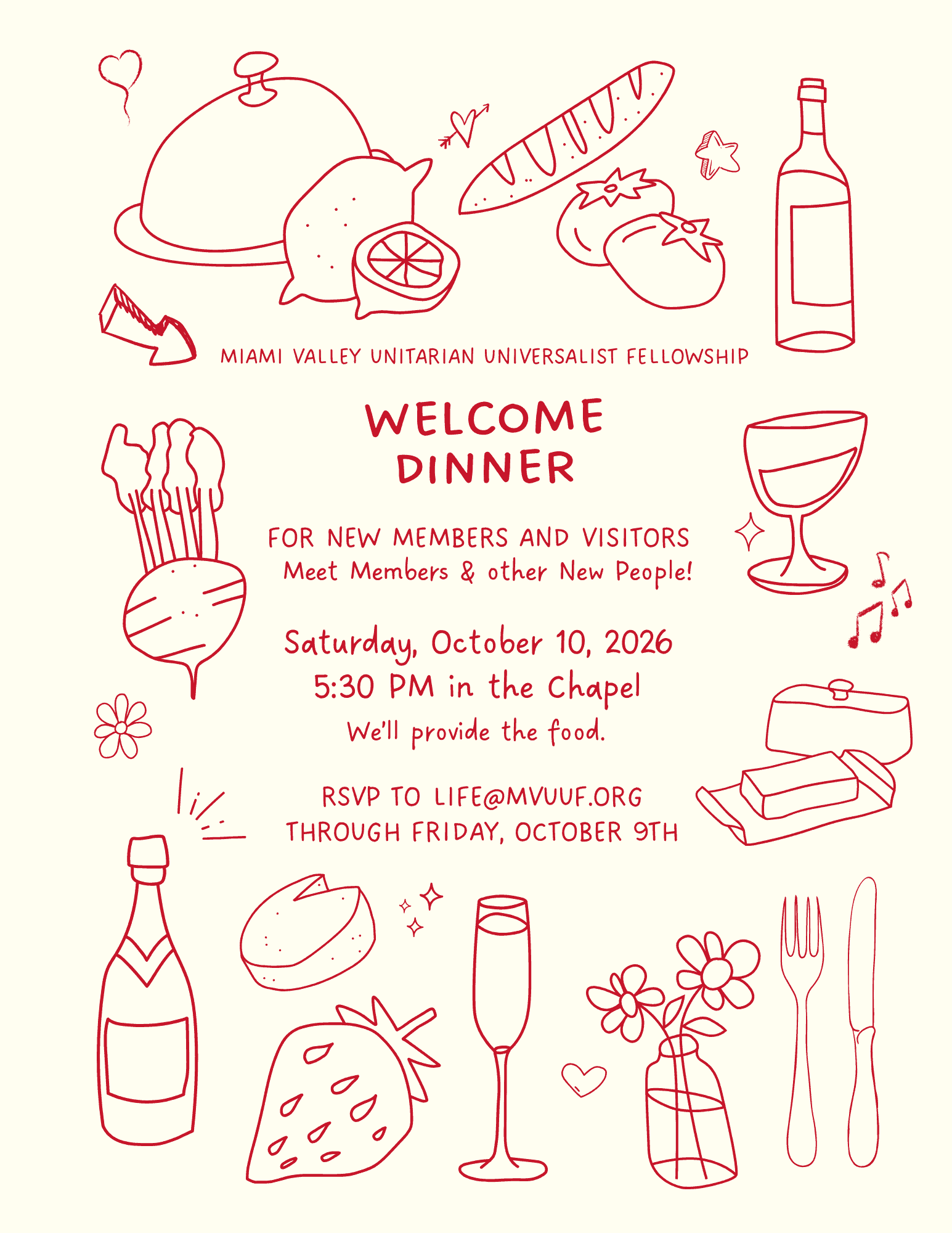 A flier for the welcome dinner. It contains line doodles of food items, and all the information contained in the announcement.