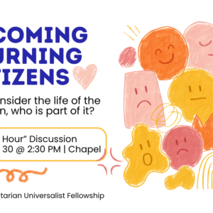 A flier for Welcoming Returning Citizens. It contains illustrated faces in amorphous blobs all smooshed together in a group.