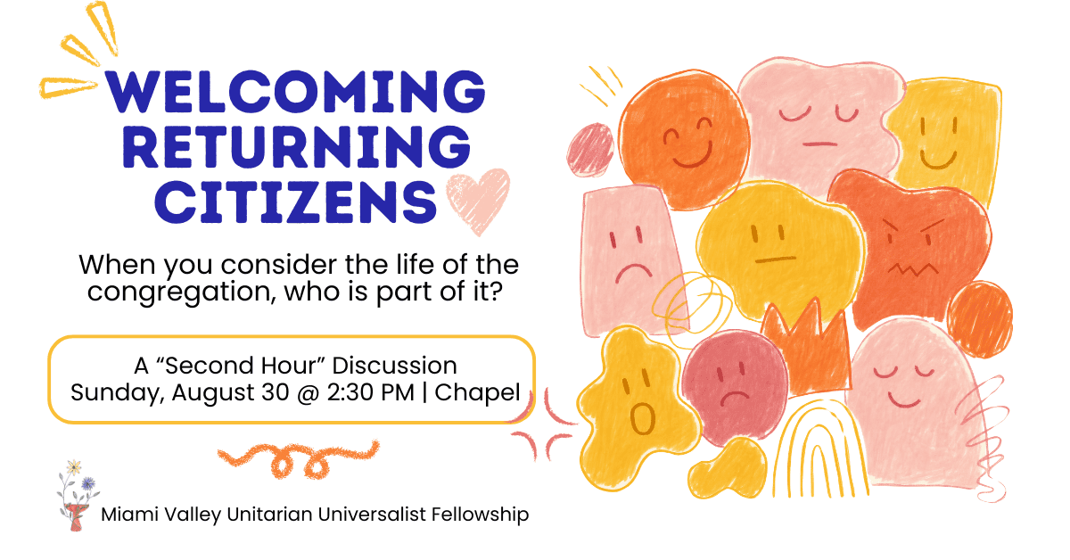 A flier for Welcoming Returning Citizens. It contains illustrated faces in amorphous blobs all smooshed together in a group.
