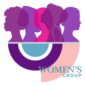 Women's busts are featured in silhouette, in shades of pink and purple. Underneath are circles and semi circles in teal, indigo, and pink. The words "Women's Group" is outlined in teal.