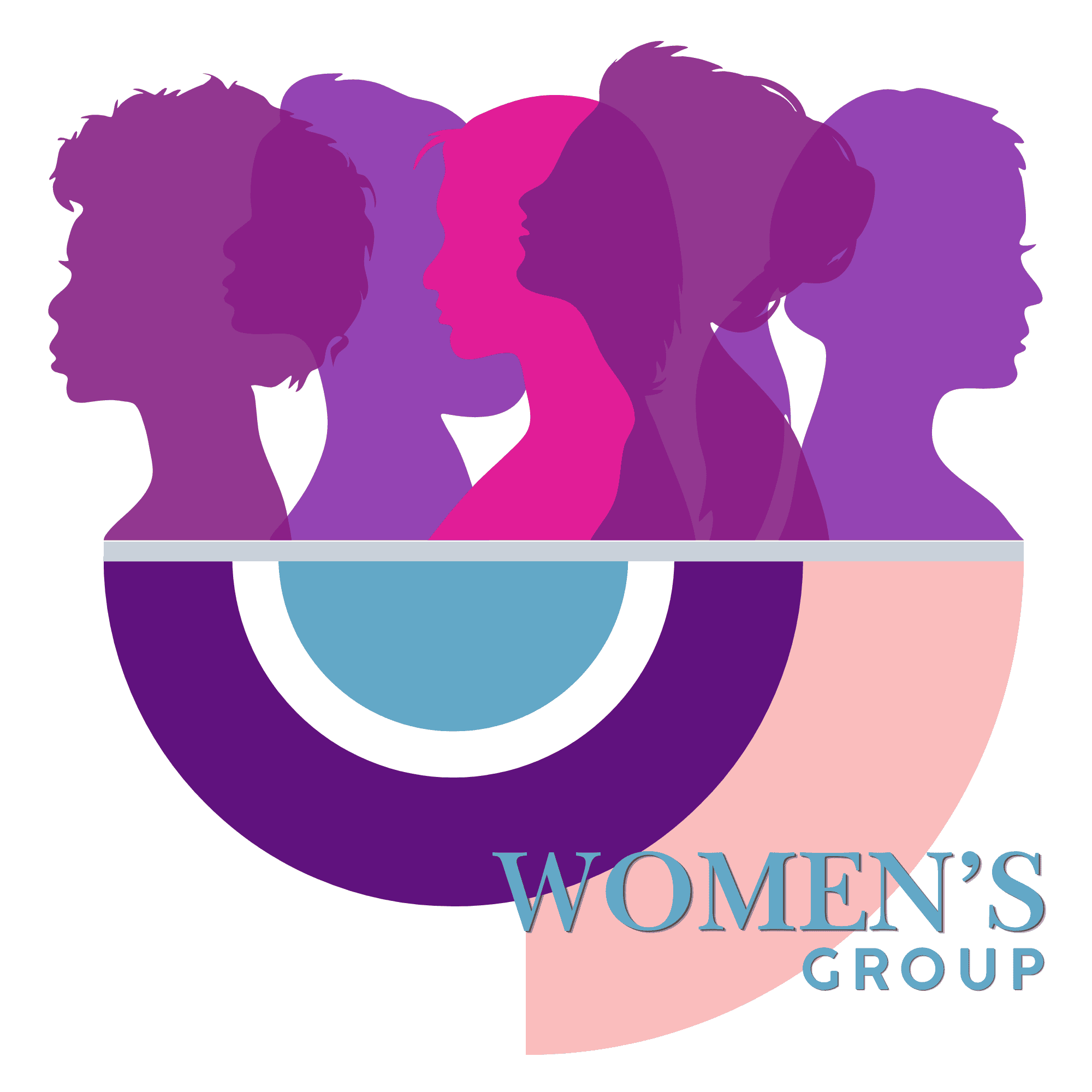 Women's busts are featured in silhouette, in shades of pink and purple. Underneath are circles and semi circles in teal, indigo, and pink. The words "Women's Group" is outlined in teal.