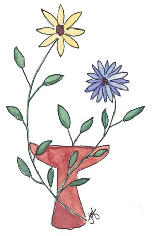 A water color chalice blooms yellow and purple flowers.