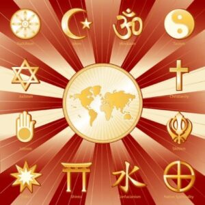 A world map is surrounded by different religious symbols, against a red and white background.