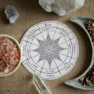 A wheel of the year, showing yule sits surrounded by crystals.